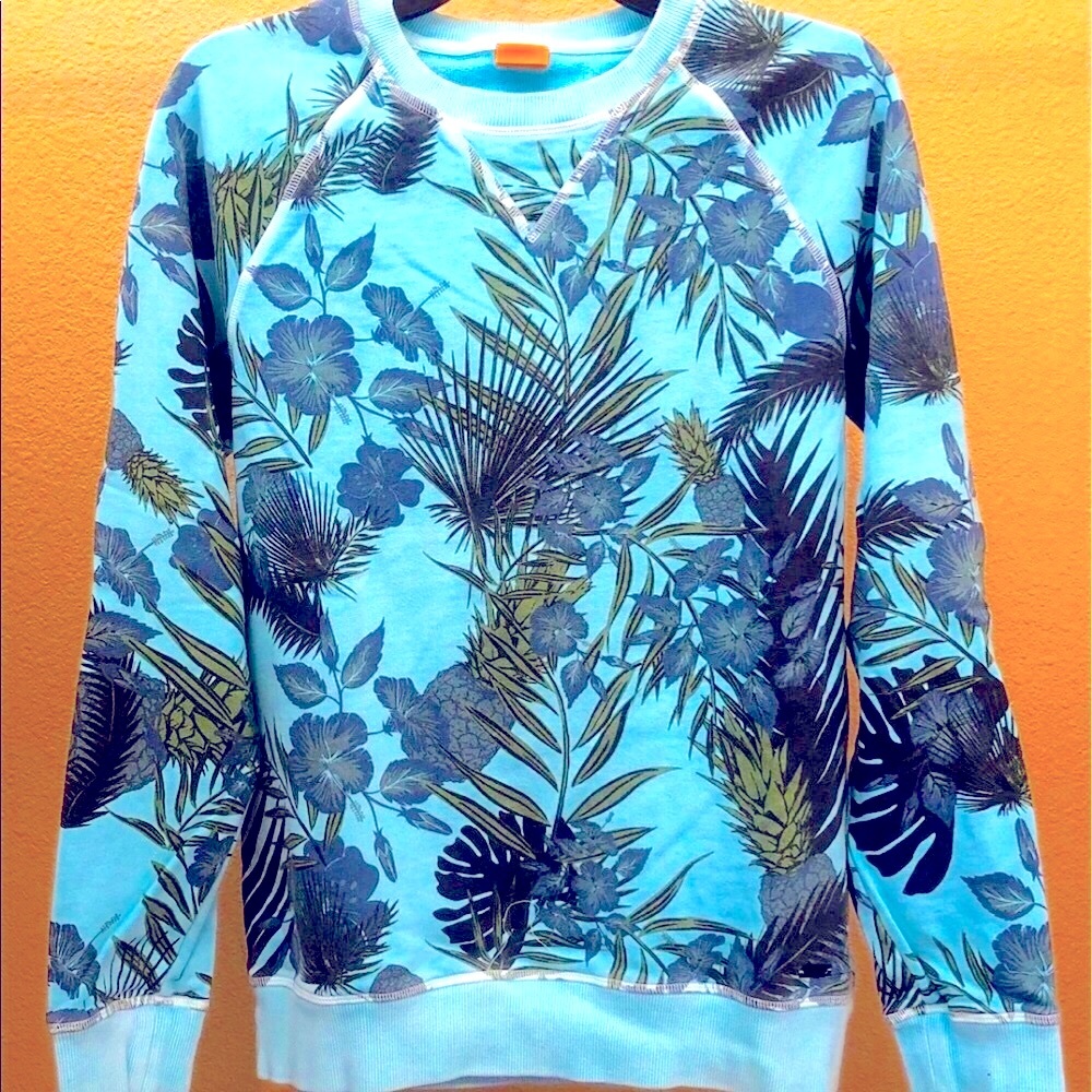 Hugo Boss Sweater Shirt Floral Palm Print LightBlue Azure M Mens
